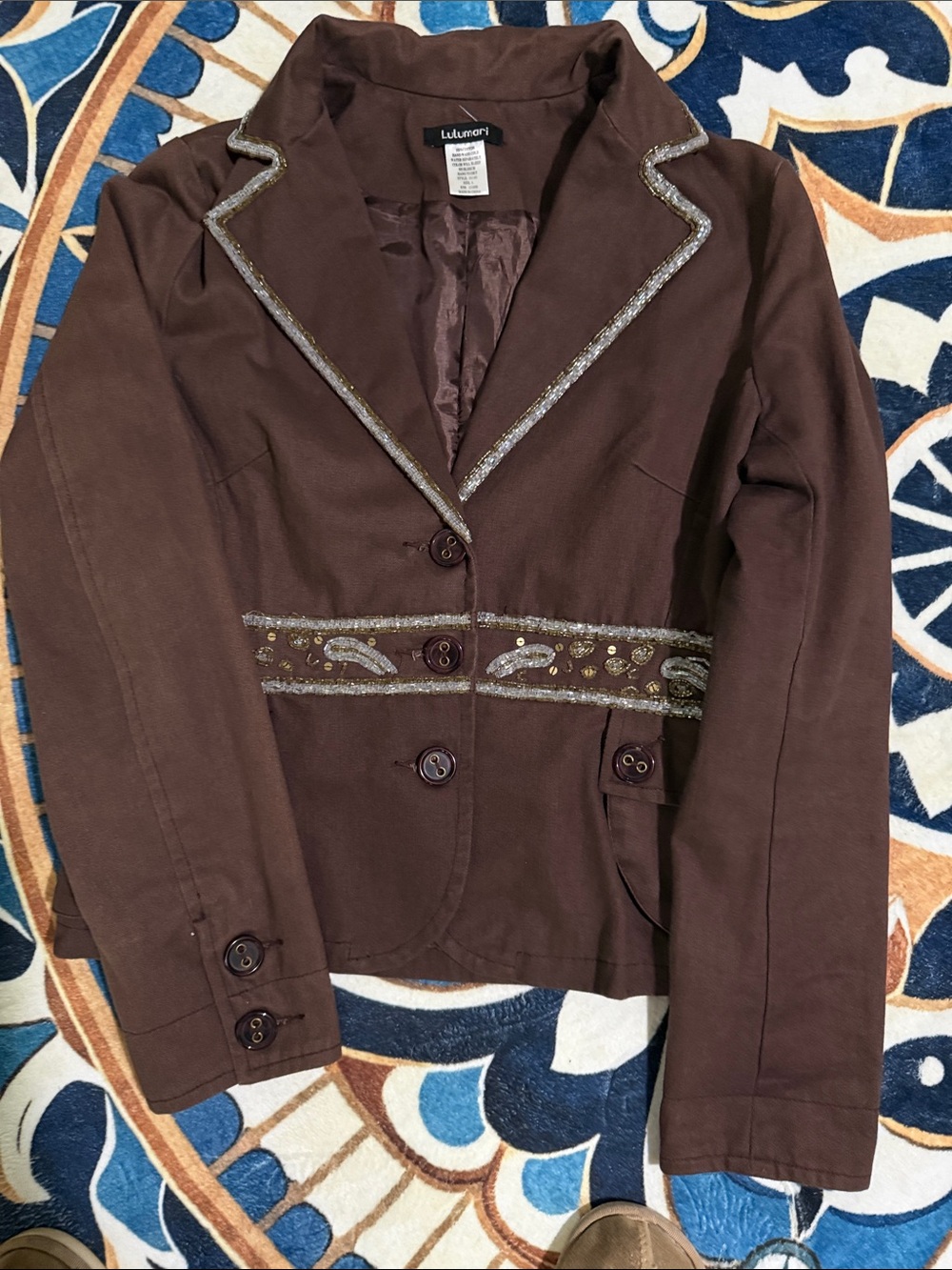 Lulumari Brown Embellished Notch-Collar Blazer